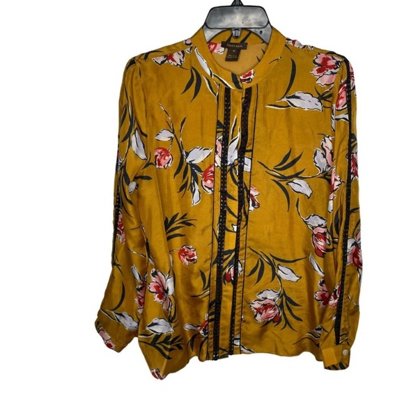 Anthropologie gold mustard floral long sleeve silk shirt M - Picture 6 of 10